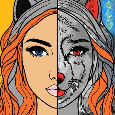 split face realistic woman and wolf