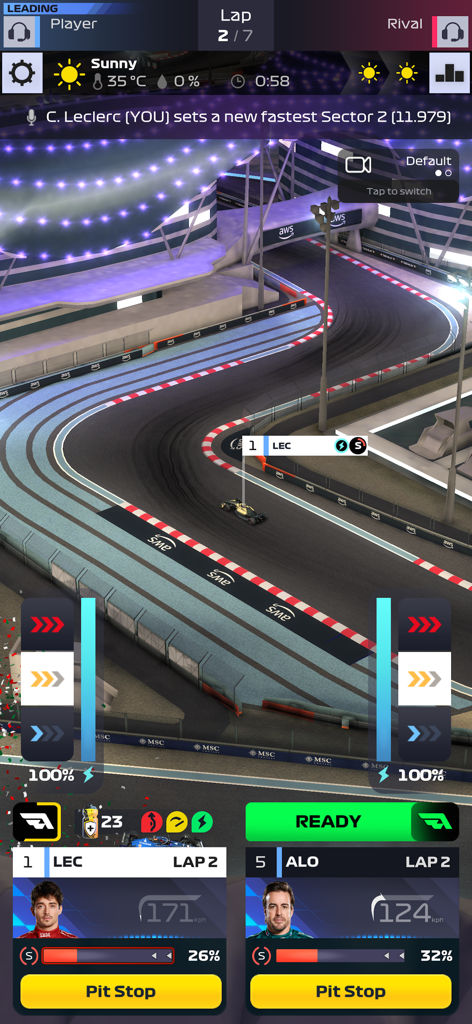 F1 Clash - Official 2025 Game - Race management interface in F1 Clash showing track view and driver strategy options for Leclerc and Alonso.