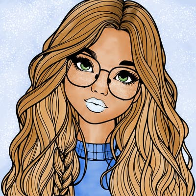 girl with long hair and freckles and glasses realistic