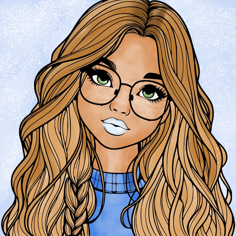 girl with long hair and freckles and glasses realistic