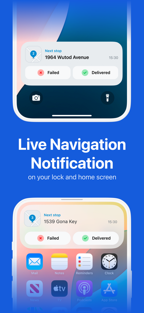 enRoute Delivery Route Planner - enRoute app live navigation notifications on iPhone lock and home screens.