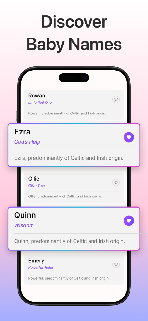 AI Baby Generator; Future Face - A list of baby names with their meanings and origins displayed on a mobile app interface