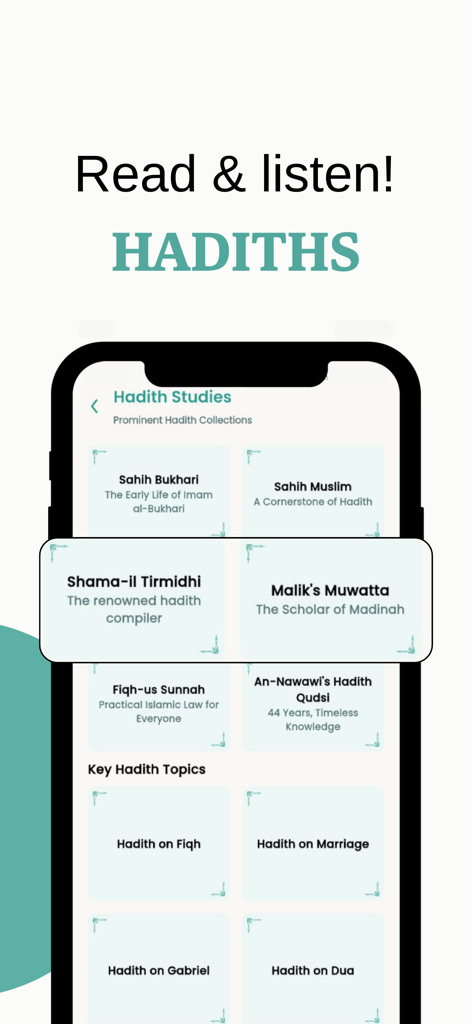 Muslim Guidance - Quran Majeed - A mobile screen showing the Hadith studies section with prominent collections and key Islamic topics