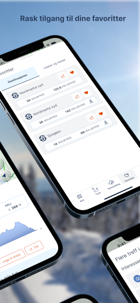 Sporet - Sporet mobile app interface listing favorite cross country ski destinations in Norway.