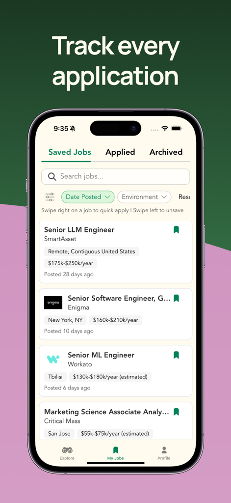 Poozle - AI Job Search - iPhone interface of the Poozle app showing a list of saved job applications for AI and software engineering roles