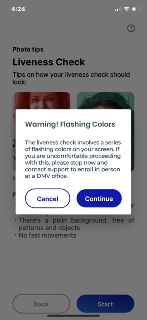 CA DMVウォレットアプリのライブネスチェック中に点滅する色に対する警告メッセージ。