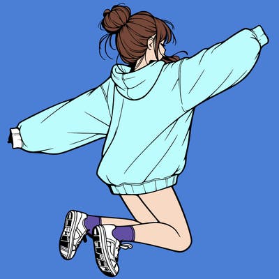 realistic girl jumping with a bun and oversized sweatshirt