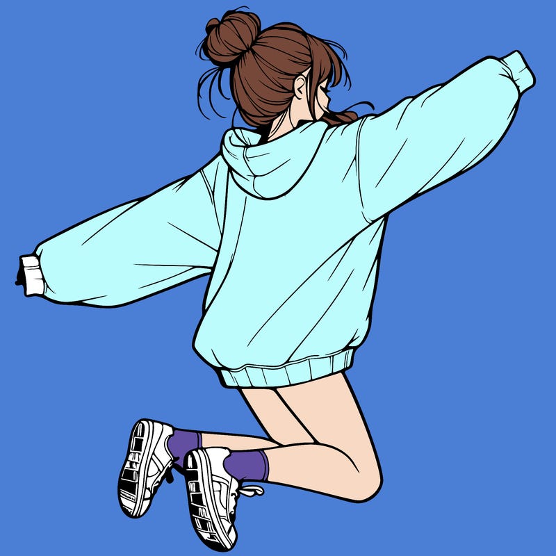 realistic girl jumping with a bun and oversized sweatshirt