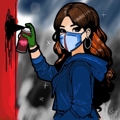 realistic girl with mask spray painting a wall