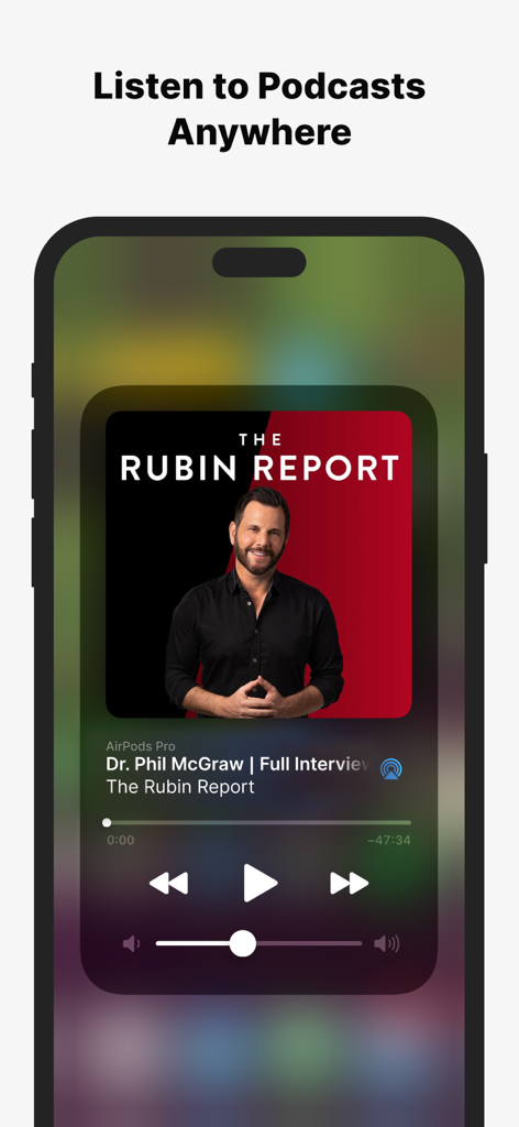 Locals.com - Interface móvel do aplicativo Locals mostrando o player de podcast do The Rubin Report