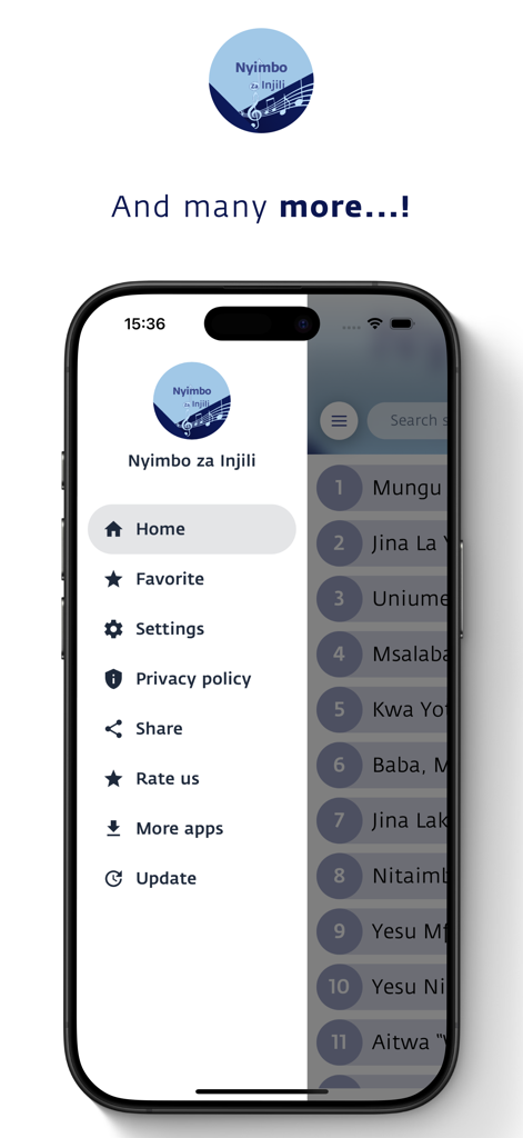 Nyimbo za Injili (MPYA) - Side navigation menu of the Nyimbo za Injili Swahili gospel hymn app showing options like Home, Favorite, and Settings.