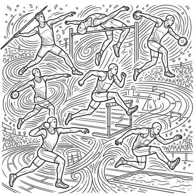 Celebrate the incredible athleticism of combined event athletes with this action-packed coloring page. Dive into the world of track and field, bringing life to javelin throws, hurdles, and high jumps with your favorite colors.