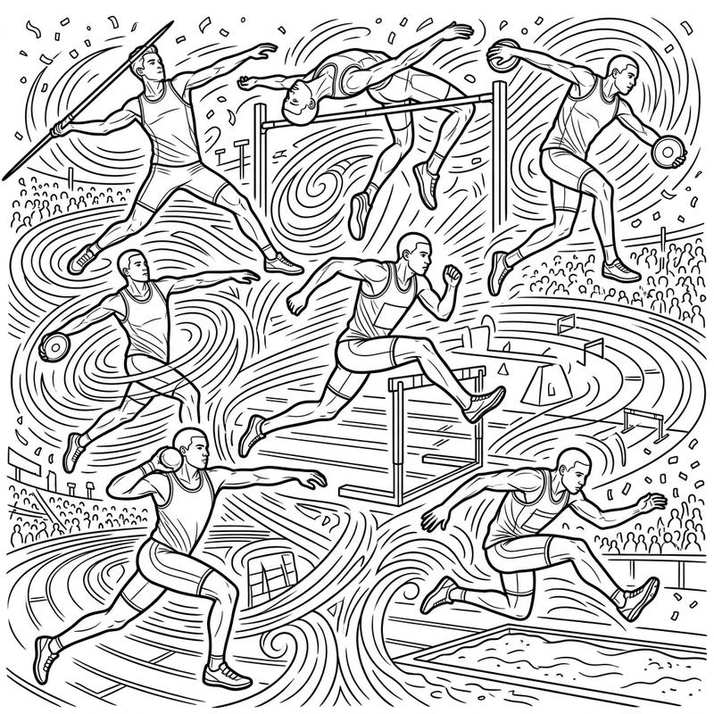 Celebrate the incredible athleticism of combined event athletes with this action-packed coloring page. Dive into the world of track and field, bringing life to javelin throws, hurdles, and high jumps with your favorite colors.