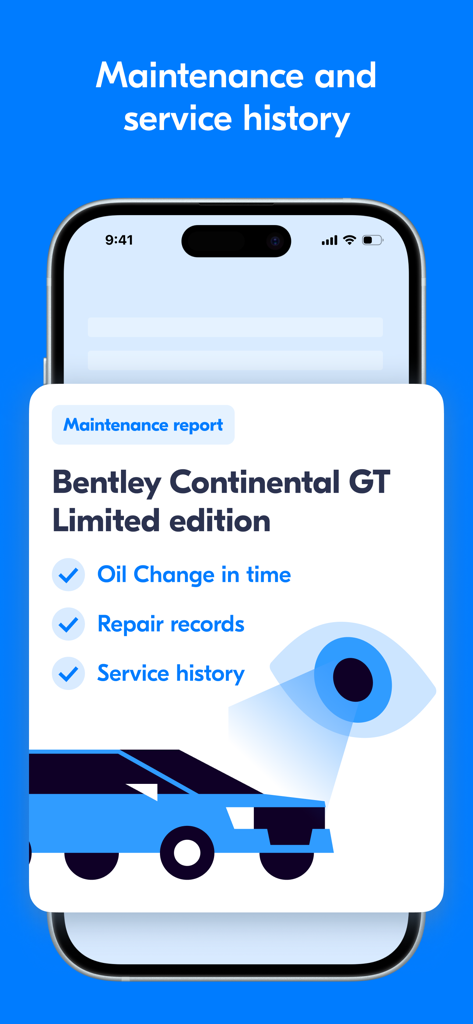 Uma tela de aplicativo móvel exibindo um relatório de manutenção de veículo, incluindo trocas de óleo e registros de reparo