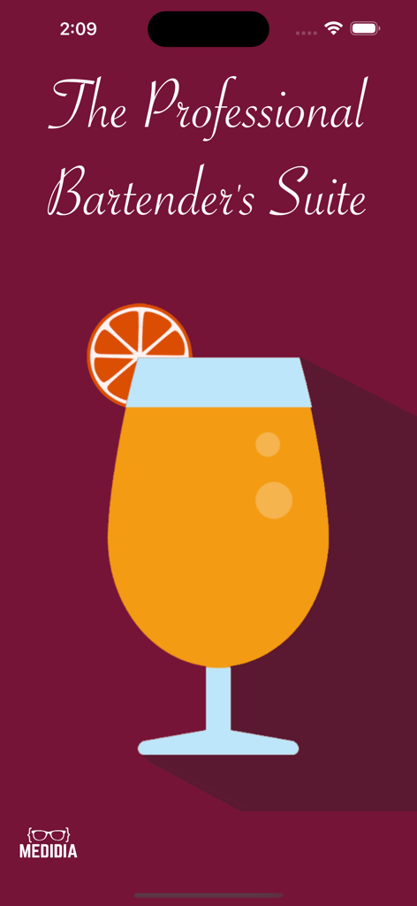 Splash screen of the Professional Bartenders Suite app featuring a cocktail illustration