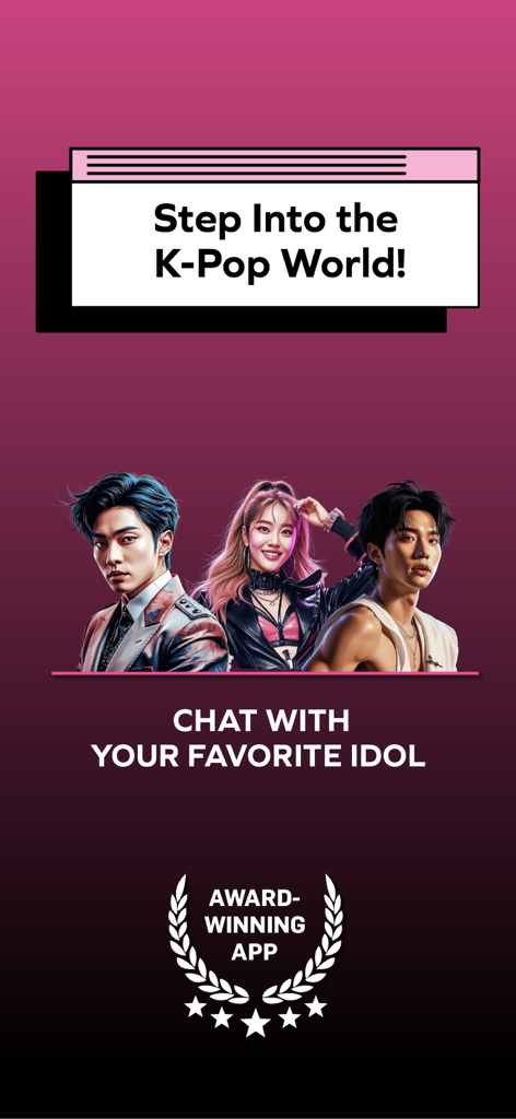 Welcome screen for Kpop Idol Chat AI app showing digital idols and award winning status