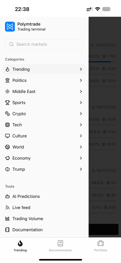 Side menu of Polymtrade app showing market categories and trading tools