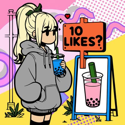 girl with oversized hoodie drinking boba and she has a high ponytail with a sign that says 10likes?