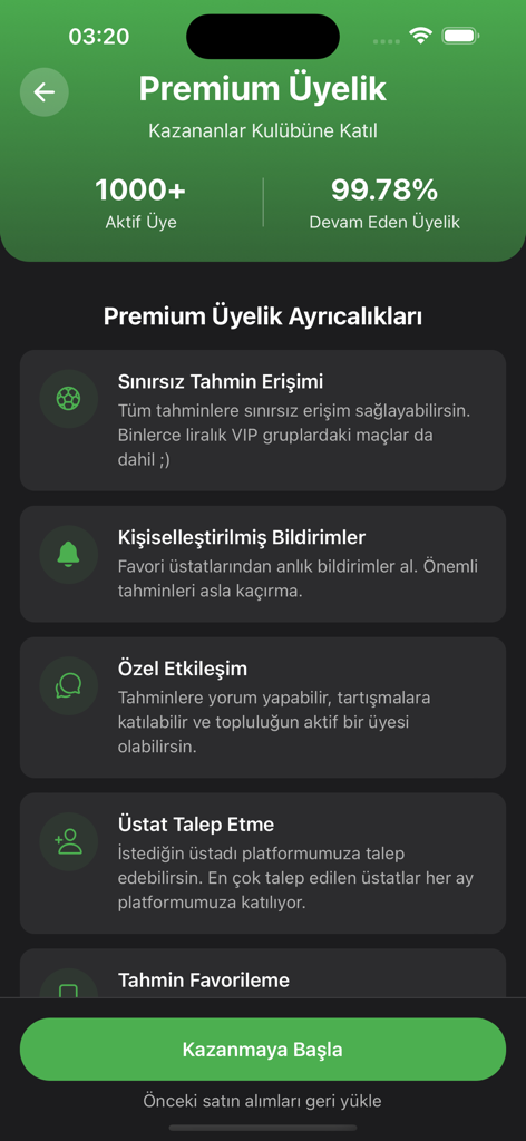 Futbol Üstatları - Tahmin - Página de membresía premium de la aplicación Futbol Ustatlari mostrando características de suscripción y estadísticas de miembros