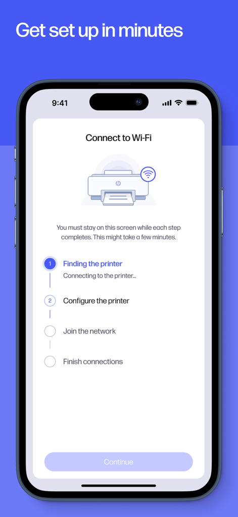HP app interface showing a step by step guided setup for connecting a printer to a Wi-Fi network
