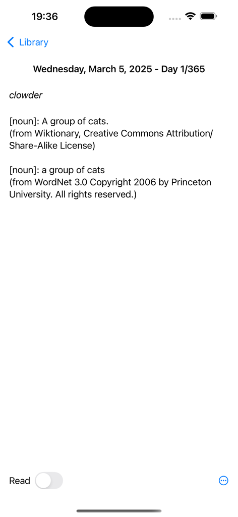 A clean iOS 18 interface of the Readsy app showing a daily vocabulary reading for day one of a yearly challenge
