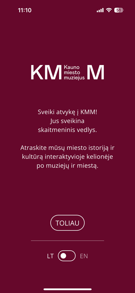 KMM - Welcome screen of the KMM Kaunas City Museum app with language selection and Lithuanian text
