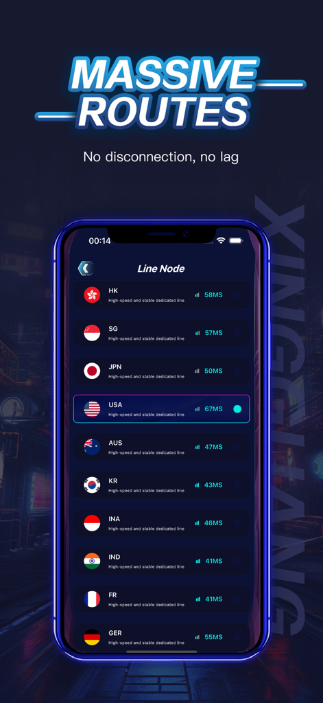밀리초 단위 지연 시간과 함께 국제 VPN 서버 위치 목록을 표시하는 스마트폰 화면