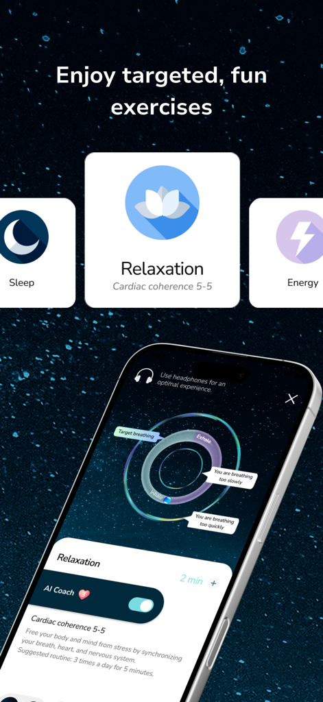 Zenbox: breathing - Zenbox app screen showing breathing exercise categories and a real time cardiac coherence coaching interface