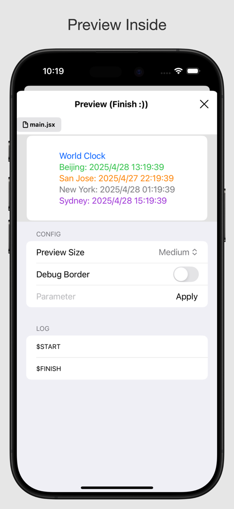 Aplicación ScriptWidget mostrando una previsualización de un widget personalizado de reloj mundial con configuraciones en un iPhone