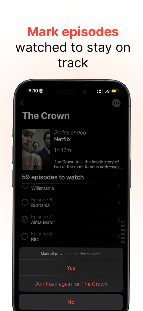 Interface of the TV Club app showing an episode checklist for the TV show The Crown and a prompt to mark all previous episodes as seen.