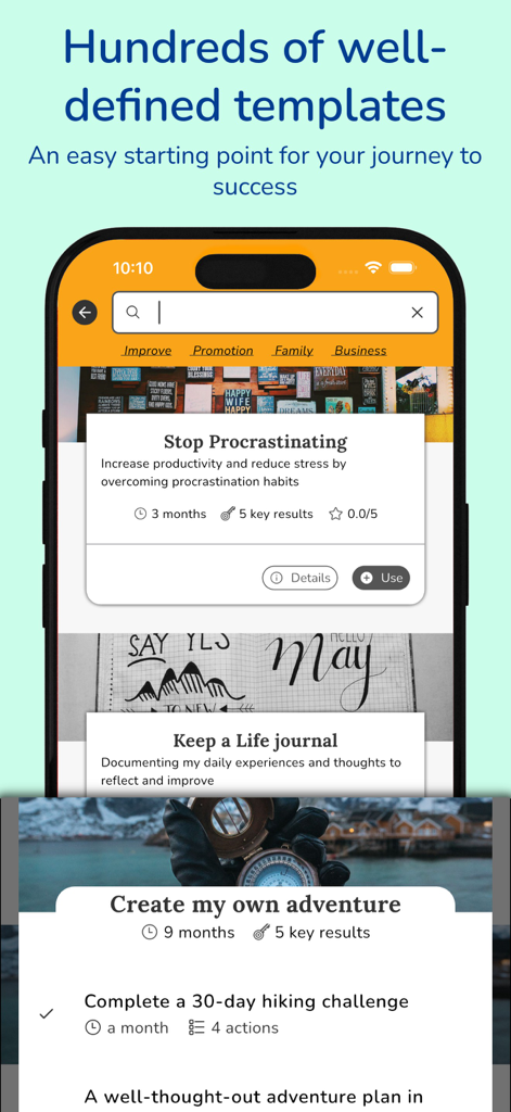 My OKR - Achieve What Matters - My OKRアプリのインターフェースに、「先延ばしをやめる」「人生日記をつける」などのさまざまな目標テンプレートが表示されています