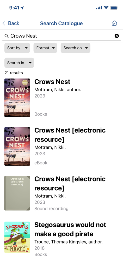 City of Parramatta Library - Search results page in the City of Parramatta Library app showing different book formats for Crows Nest