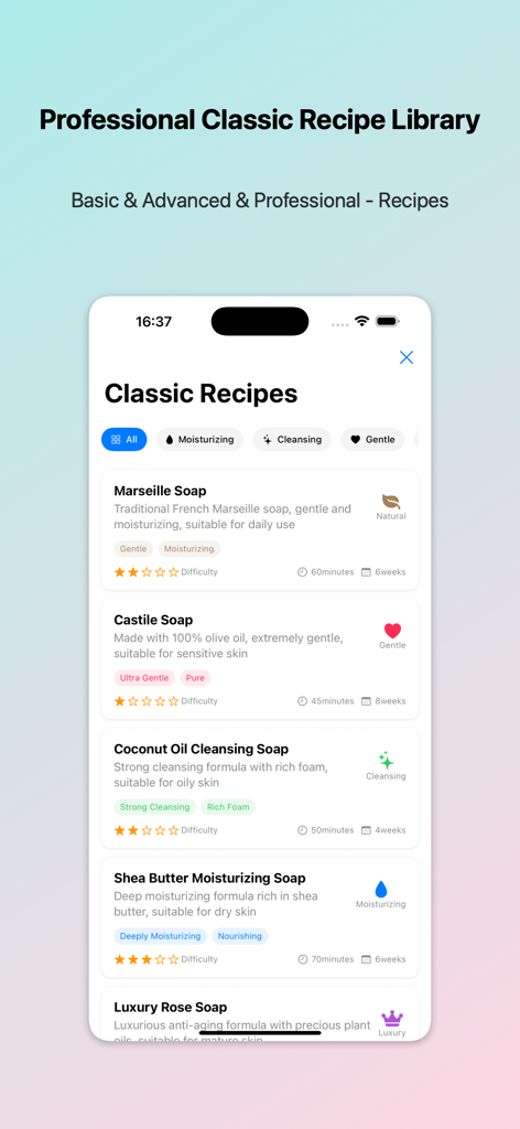 Soap Calculator - Lye Calc - Seifenrechner App-Oberfläche, die eine Bibliothek klassischer Seifenrezepte anzeigt, darunter Marseille-, Kastilische und Kokosölseifen mit Schwierigkeitsgraden und Produktionszeiten.