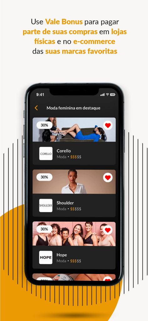Vale Bonus app interface showing 30 percent discounts on featured women fashion brands