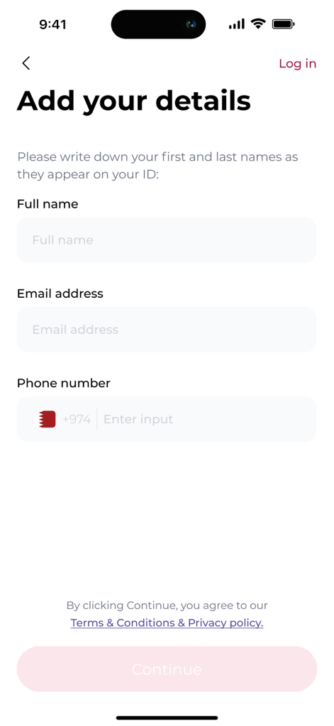 Karty app registration screen requesting user name email and phone number