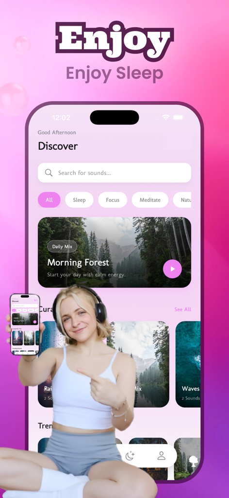 Tela de descoberta do aplicativo Rally mostrando categorias de sons da natureza para sono e foco