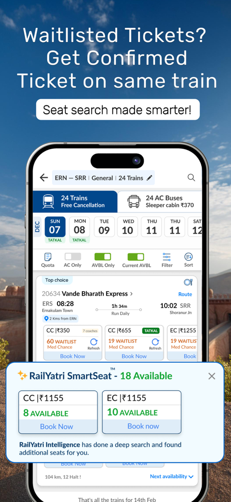 RailYatri app interface showing the SmartSeat feature to find confirmed train tickets from waitlisted options