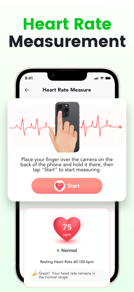 Daily Health-BMI & BP Tracker - Mobile app interface showing how to measure heart rate using the phone camera lens with a normal result of 75 bpm displayed.