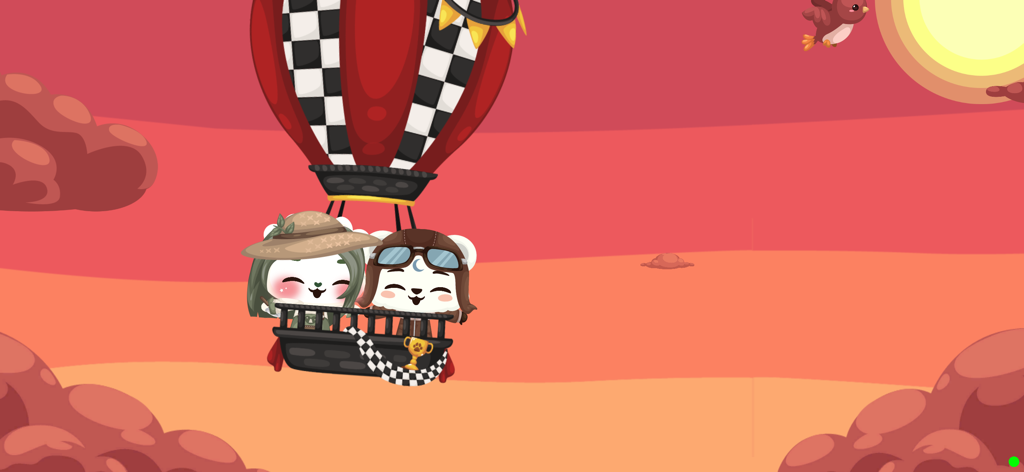Happy Pet Island - Two adorable pets riding a hot air balloon during sunset in Happy Pet Island