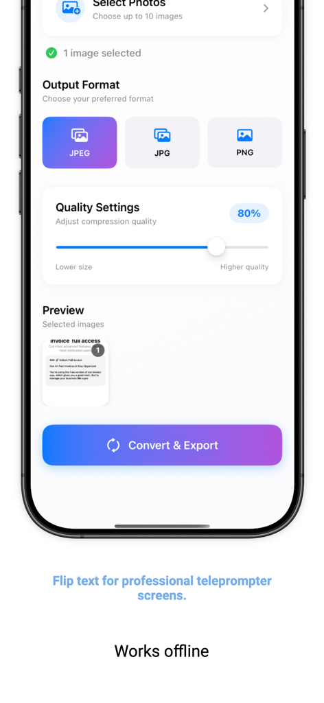 Interface de um aplicativo conversor de fotos mostrando opções para escolher o formato de saída como JPEG JPG ou PNG e ajustar a qualidade da imagem.