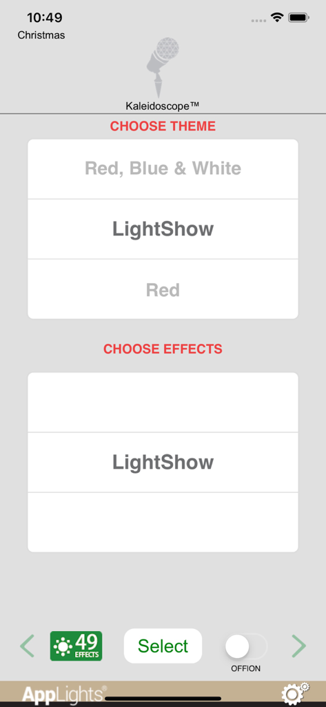 Screenshot of the AppLights app interface showing options to choose themes and effects for holiday lighting