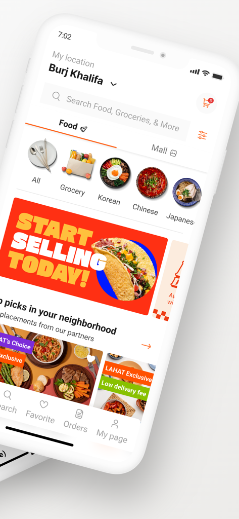 LAHAT - LAHAT app home screen showing food categories for Korean Chinese and Japanese cuisine
