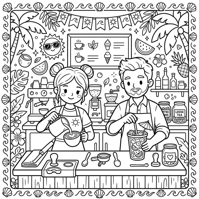 Bring sunshine to your day with this delightful coloring page featuring two skilled baristas preparing refreshing drinks in a vibrant summer setting. Filled with tropical details like palm trees, suns, and sweet treats, it's perfect for a relaxing creative escape.