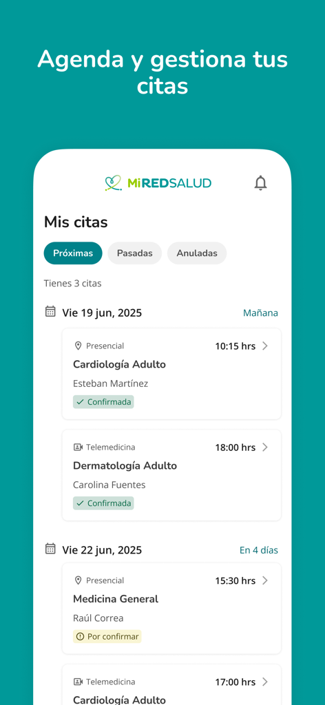 MiRedSalud - Interfaz de la aplicación MiRedSalud que muestra una lista de próximas citas médicas para cardiología y dermatología