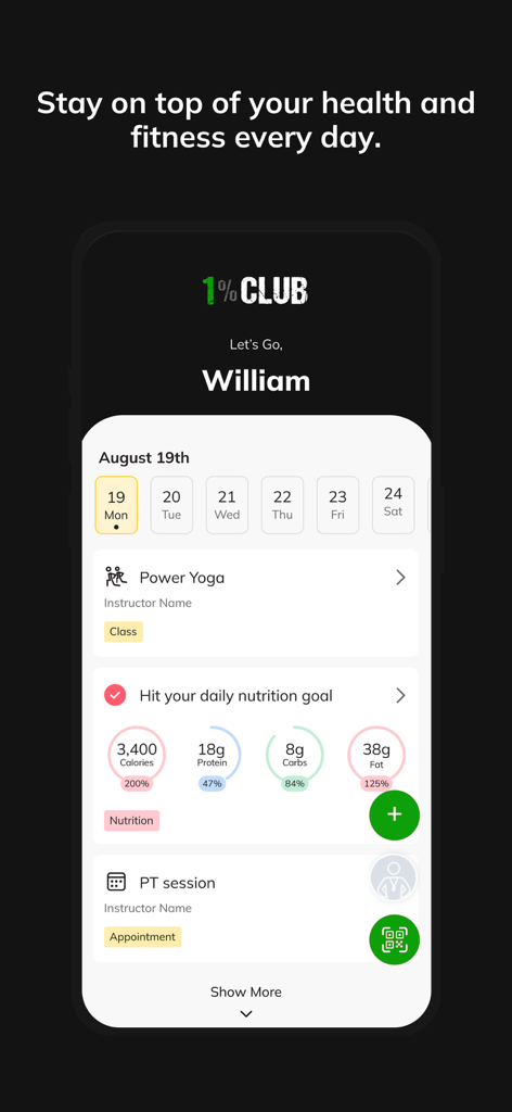 1 Percent Club - Interface of the 1 Percent Club app showing daily fitness schedule nutrition goals and personal training sessions