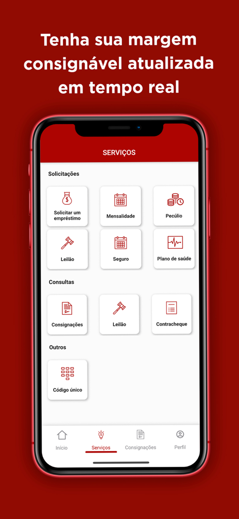 Pantalla de smartphone de la aplicación eConsig que muestra sus diversas opciones de servicios financieros, incluyendo solicitudes de préstamos y seguros