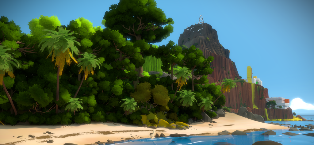 Un vibrante paisaje de una playa tropical con exuberantes árboles verdes y un gran pico montañoso bajo un cielo azul claro en el juego The Witness.