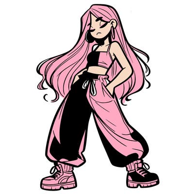 girl in baggy pants crop top and long hair