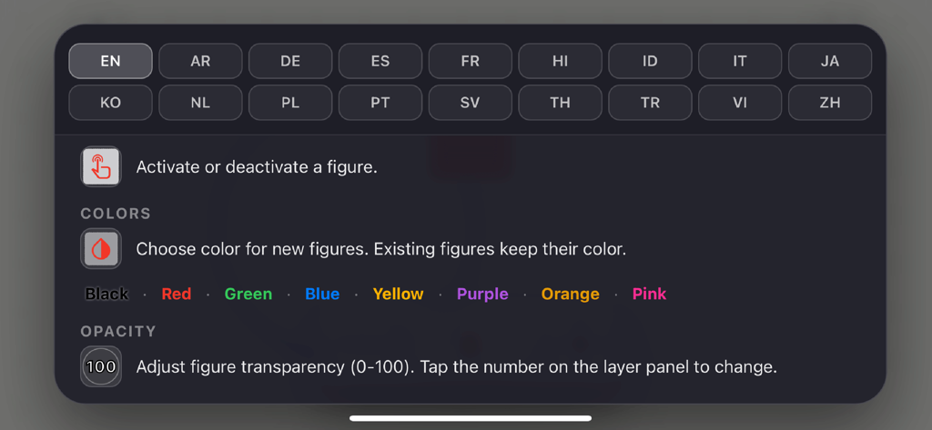 GeoArt Creator - Shape Design - Settings menu of GeoArt Creator showing language selection, color options, and transparency controls.