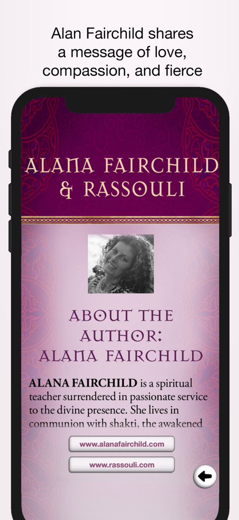 Author biography screen for Alana Fairchild in the Rumi Oracle app